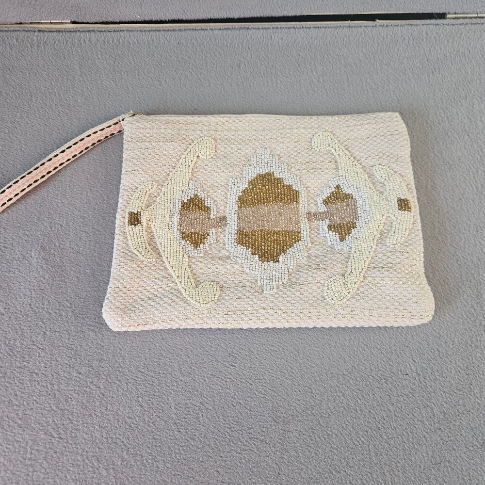 America & Beyond Beaded Clutch Pouch Cream Gold Boho Wristlet Bag